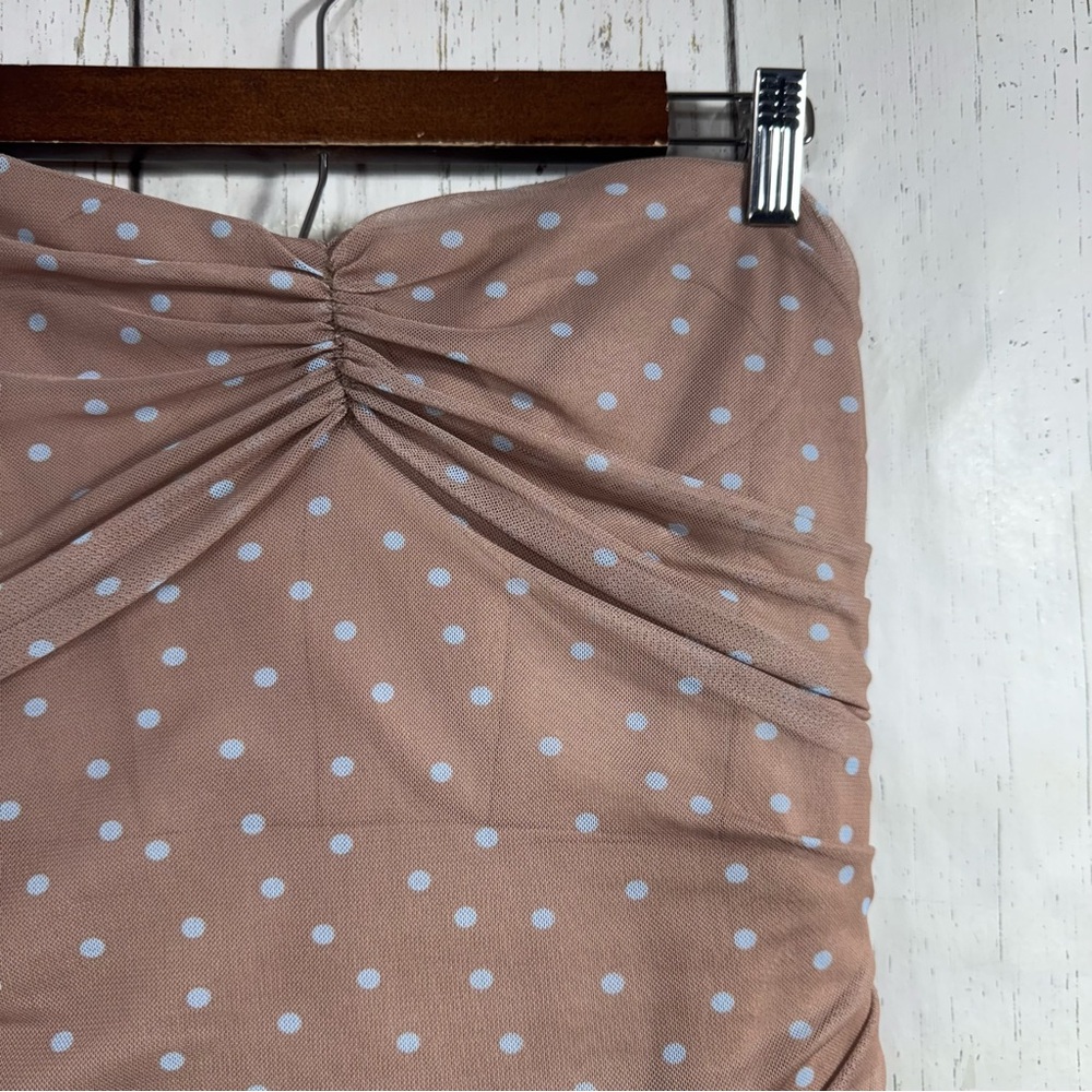 Zara Strapless Polka Dot Midi Dress Nude Beige Ruched Bodycon XL Neutral Classy - Picture 5 of 15